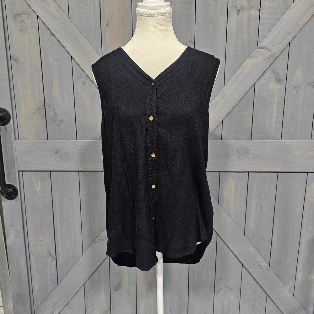 Black sleeveless top with gold buttons, size Large, from Maurice's